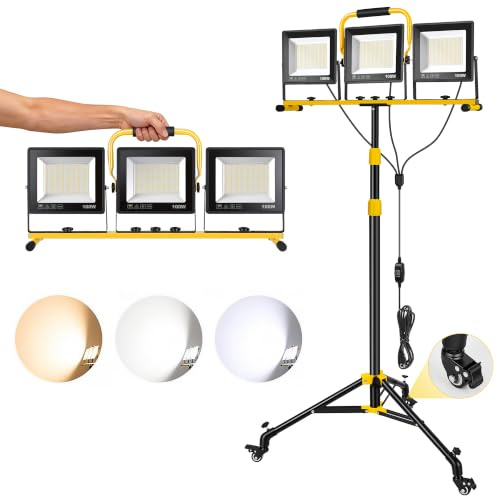 YEARTOP 21000LM LED Work Light with Rolling Tripod Stand 300W 5M Cable IP66 | Jobsite Floodlight for Workshop/Garage/Construction/Basement 3 Color Temperature (3000K/5000K/6500K) 1.55 Max Height Stand