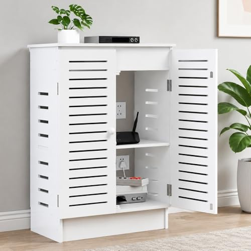 GJPXFR WiFi Router Storage Cabinet With Adjustable Shelves, 2-Tier Media Storage Cabinet Router Box Modem Organizer With Cable Management For Home Office(White,50x70x30cm)