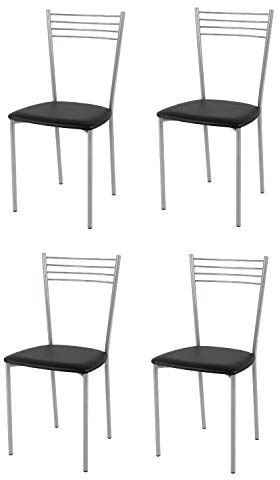 Tommychairs - 4er set moderne Stühle ELENA für Küche und Esszimmer, robustes Gestell aus lackiertem Stahl in der Farbe Aluminium, gepolsterte Sitzfläche mit Kunstleder in der Farbe Schwarz bezogen