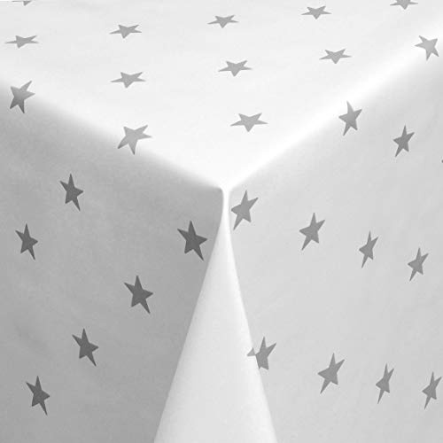 KEVKUS Wachstuch Tischdecke Meterware 01280-04 Weihnachten Sterne Silber auf weiß wählbar in eckig rund oval (Rand: Schnittkante (ohne Einfassung), 140 cm rund)
