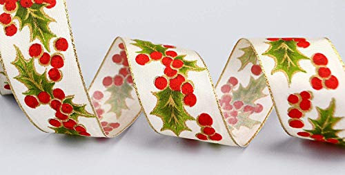3 m x 40 mm Dekoband HOLLY Creme Gold mit Lurex Drahtkanten Weihnachten Advent Stoffband mit Draht Drahtkantenband Stechpalme Prickly Christmas Ribbon Premium Schleifenband Geschenkband Draht Rot Grün