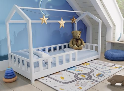 Sanmar Kieferholz Hausbett, Kinderbett, mit die Sicherheitsgeländer und Lattenrost, hohe Qualität, Malen, Weiss (grau, 180 x 90 cm)