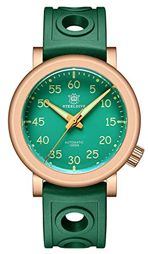 Steeldive SD1910S CuSn8 Massives Bronze-Gehäuse, grünes Zifferblatt, 1000 m, 100 ATM, wasserdicht, NH35 C3, grüne Herren-Taucheruhr, automatisch, grünes Armband, Taucheruhr, mechanisch, Grünes Band,