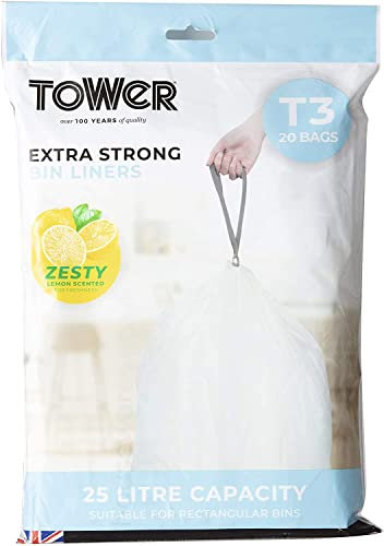 TOWER T878002 25L Lemon Scented Bin Liners, Pack of 60 (3 x 20), White