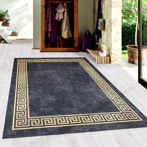 Teppium Waschbarer Teppich Mäander Design Esszimmer Schlafzimmer Flur Küchenteppich Weich & Flauschig Rechteckig Teppich in Farbe: Schwarz, Grösse: 140 x 200 cm