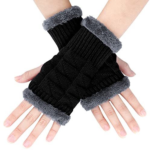 Fingerlose Handschuhe Damen - Winter Armstulpen Halb Fingerhandschuhe Warme Klassisch Strick Handschuhe mit Fleece Futter Pulswärmer Handschuhe Ohne Fingerkuppen Daumenloch Handstulpen für Damen