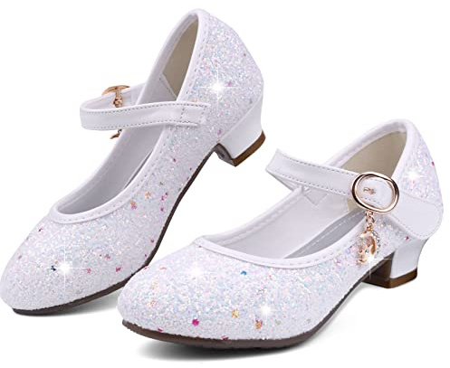 KUWIBY Girl Sandals Glitter Princess Shoes Sequin Party Shoes Bling Bowknot High Heels Wedding Birthday Dress Comfort Bright Diamond Cosplay Dance for Little Girls Christmas White