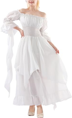 Renaissance Kleid Mittelalter Kleid Satin Hohe Taille Viktorianisch Kostüm Mittelalter Gothic Kleid Weiß S/M