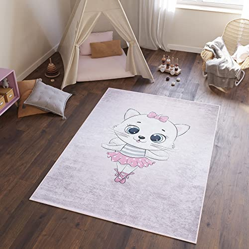 TAPISO Emma Kinderteppich Rosa Ballet Katze Antirutsch 80 x 150 cm | Waschbar bei 30 Grad bedruckter Kinderteppich Kinderzimmer Jugendzimmer Modern OEKO-TEX
