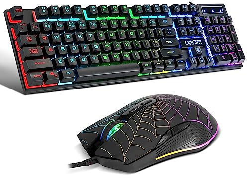 CHONCHOW Tastiera e mouse da gioco cablato per Mac PC, PS5, PS4, Xbox One, tastiera meccanica retroilluminata RGB con tasti multimediali, tastierino numerico, 104 tasti USB, desktop Windows