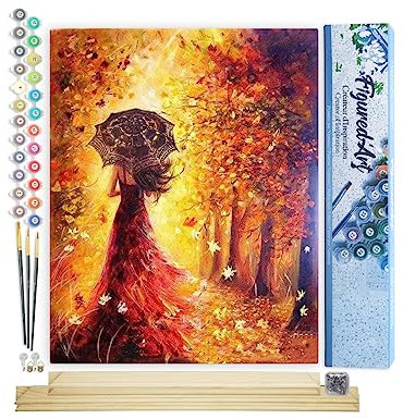 Figured'Art Peinture par Numéro Adulte Forêt d'automne et Femme au Parapluie - Activité Manuelle Kit de Loisir Créatif DIY Numéro d'Art Complet - 40x50cm avec châssis en bois à monter