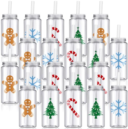 Layhit 20 Stück Weihnachtsbecher mit Deckel und Strohhalmen, 383 ml, wiederverwendbare Kunststoff-Trinkbecher, Reisebecher, Kunststoffbecher, Weihnachtsbecher, Weihnachtsbecher für Kinder und