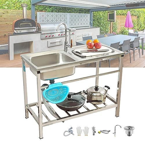 Fregadero De Acero Inoxidable Comercial, Fregaderos De Cocina Independientes Con Grifo Y Estantes De Almacenamiento, Fácil De Montar, Fregadero Exterior Para Patio, Jardín, Fiestas Al Aire Libre ( Siz