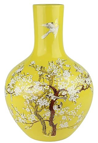 Fine Asianliving Vase Chinois Jaune Fleurs Fait Main D24xH36cm Chinois Vase avec Couvercle Asiatique Jingdezhen Mandarin Décorative