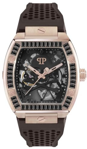 Philipp Plein Herren-Armbanduhr Analog Automatik $KELETON, Rotgold/Schwarz/Kristalle – Pwbaa1723, Riemen