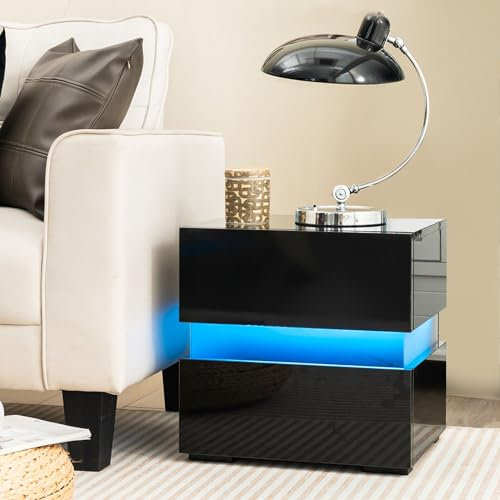 COSTWAY Table de Chevet Laquée 2 Tiroir, Table de Nuit Lumineuse Télécommandée, 22 Modes, 5 Luminosités, 10 Vitesses, Panneaux Acryliques, Chevet de Lit pour Chambre, Salon (Noir)