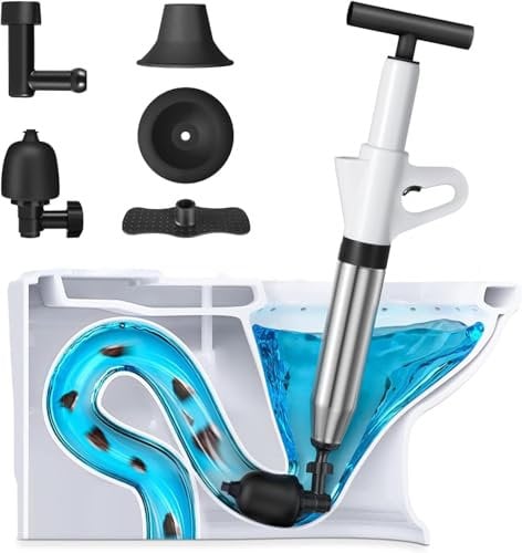 Desatascador de Tuberías con Aire Comprimido, Desatascador de Inodoro con Barómetro, Desatascador Tuberias a Presion con 4 Cabezas de Pistón e Inflador para Inodoro, Lavabo, Bañera