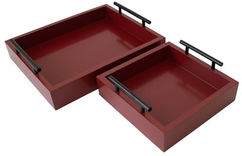 KOLURAFUL Set of 2 Serving Tray with Handles - for Coffee Table, Breakfast, Dinner Kitchen Living Room Bedroom, Home Decor for All Occasions, Red, Size S+M