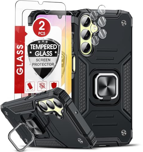 LeYi Coque pour Samsung Galaxy A25 5G avec 2 Verre Trempé Vitre Protection, 2 Protection Camera et Anneau Telephone, Militaire PC et TPU Silicone Etui Antichoc Housse pour Samsung A 25 - Noir