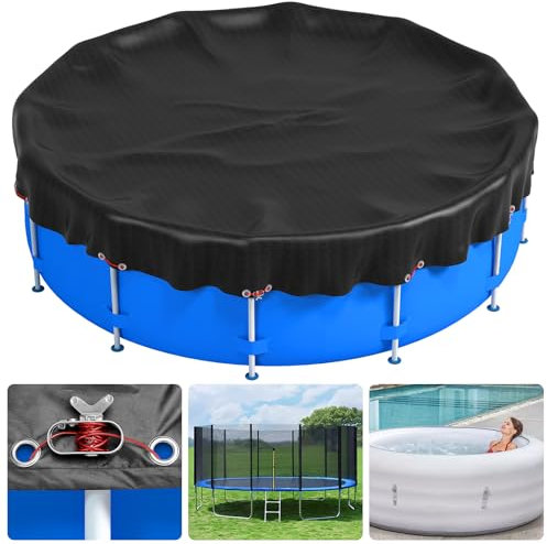 15Ft Swimming Pool Cover, Round Pool Cover for Above Ground Pools, 420D Oxford Solar Pools Cover Protector Wire Tension Rope, Waterproof Dustproof Swimming Pools Covers for Hot Tub, Trampolines