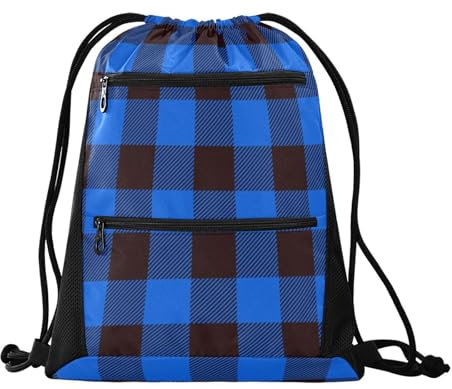 FRODOTGV Buffalo karierter Rucksack mit Kordelzug, wasserabweisend, für Schwimmen, Yoga, Fitnessstudio, Rucksack mit Kordelzug, Blau / Schwarz, Buffalo Plaid Blau Schwarz, Einheitsgröße