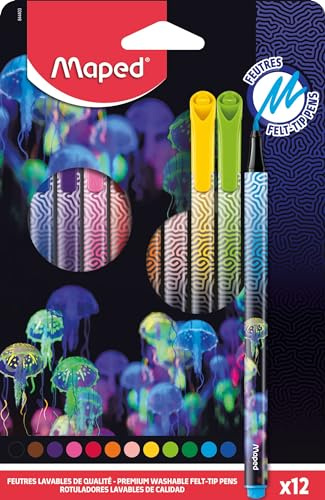 Maped Deepsea Paradise Filzstifte – Präzisionsstifte, Schreiben und Ausmalen – waschbare Tinte – mittlere Spitze – ergonomische dreieckige Form – Box mit 12 Filzstiften, langlebig