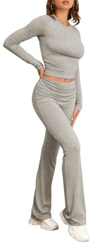 Famulily Two Piece Lounge Set Y2K Round Neck Long Sleeve Crop Tees and Flared Leggings Yoga Set Grey S