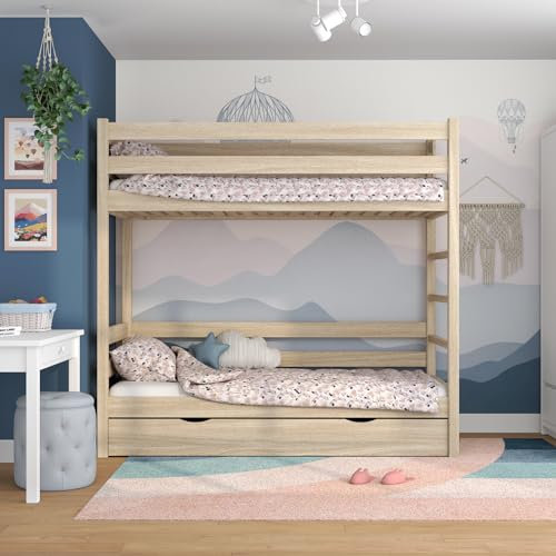 N-wood N03 Etagenbett mit Schublade, Hochbett 100x200 cm, aus Eichenholz, 2 Leitermontageseiten: Links oder rechts, Stabile, inklusive Lattenrost, Skandinavischer Stil, gebleichtes Eichenholz