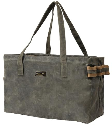 Canvas Werkzeug-Tasche, 16OZ Werkzeug-Tasche aus gewachstem Segeltuch - Faltbare Werkzeugtasche aus Segeltuch mit 10 Taschen & Metall Support Bars für Meißel, Schraubenschlüssel, Hämmer | Armeegrün
