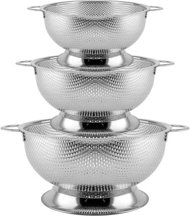 HEIYUET Set di 3 colino da cucina con manico e base, setaccio in acciaio inox, scolapasta per scolapiatti e risciacqui, verdure, frutta, pasta, riso, lavabile in lavastoviglie – 19/22/28 cm