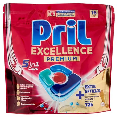 Pril Excellence Premium 5in1 Caps Lavastoviglie (16 Caps), Detersivo lavastoviglie contro lo sporco ostinato e secco da 72h, Pastiglie lavastoviglie efficaci anche nei cicli brevi ed eco