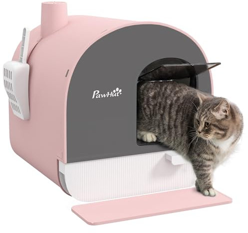 PawHut Lettiera per Gatti Chiusa, Casetta con Vassoio Estraibile, Paletta, Porta e Filtri Antiodore, Toilette per Gatti Antipertita con Tappetino, Rosa, Grigio e Bianco