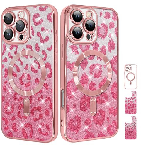 UZEUZA Compatible with iPhone 16 Pro Max Case,Leopard Print Phone Case,2 Differents Pieces of Cheetah Print Glitter Design,Shockproof Protective Cover Women for iPhone 16 Pro Max 6.9 Inch, Pink