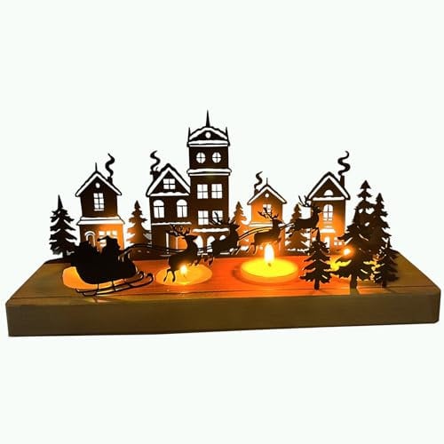 Portavelas Navidad Vela Decorativa, Corona de Adviento Porta Velas, Candelabros para Velas de Metal Negro con Soportes de Madera, DIY Centro Mesa Navidad Decor Mesa Sala de Estar Boda, 28x12.5x8 cm