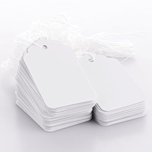 ASelected 1000 Stück weiße Preisschilder mit Schnur, Preisschilder, Gepäckanhänger, Papier, blanko, Geschenkanhänger, Preismarker, Etiketten, Hängeetiketten für Schmuck, Kleidung, Präsentationspreis