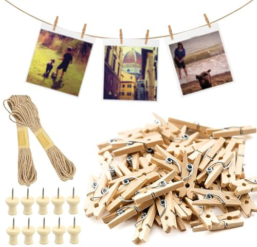 GZCXQ 150 Pcs Photo Clips Pegs, Wooden Pegs with Stainless Steel Springs, Natural, for Photo Wall Display, Craft, Weddings, Parties, Christmas and Halloween Decorations