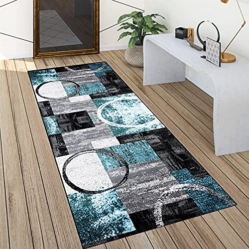 Rutschfester Flurteppich 55x150cm Grau Blau Waschbarer Küchenteppich Anpassbare Länge Modern Meterware Schlafzimmer Korridor Teppich Läufer Lange Breite Anpassbar 60cm/70cm/80cm/90cm/100cm/1