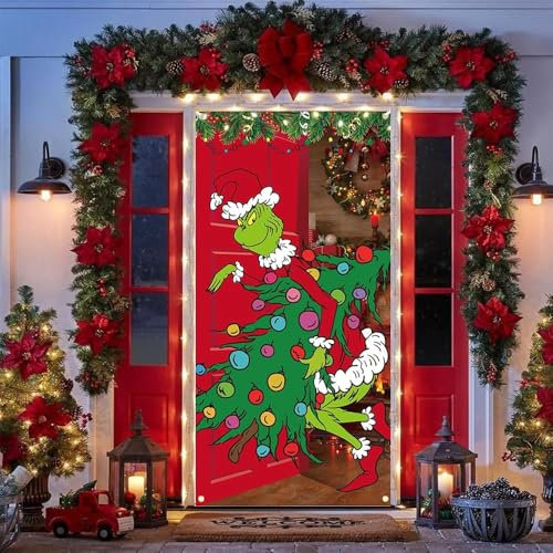 Cubierta de puerta de Navidad, pancarta de decoración de puerta de Navidad, divertida decoración de puerta de Grinchs, telón de fondo de tela para colgar en la puerta de Navidad, suministros de fiesta