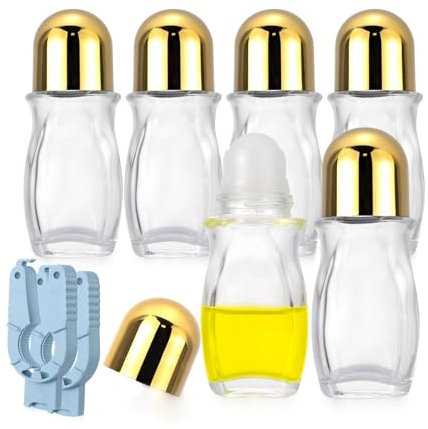 Rowiz Lot de 6 flacons à bille roulante en verre transparent de 50 ml avec 2 ouvre-bouteilles, vides en verre pour huiles essentielles, déodorant avec bille en plastique (bouchon doré)