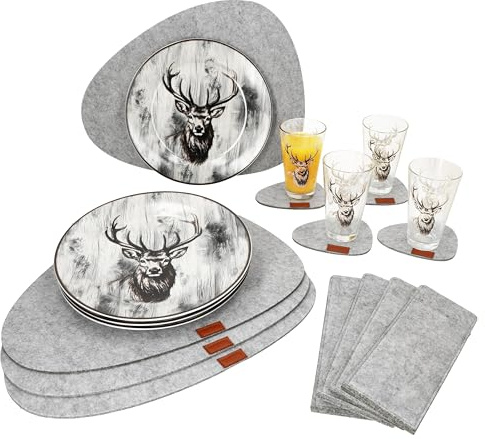 MamboCat 20tlg Tisch-Set Alois hellgrau I Je 4x Teller, Gläser, Platzset, Untersetzer & Bestecktasche aus Filz I Gedeck für 4 Personen I Tisch-Dekoration
