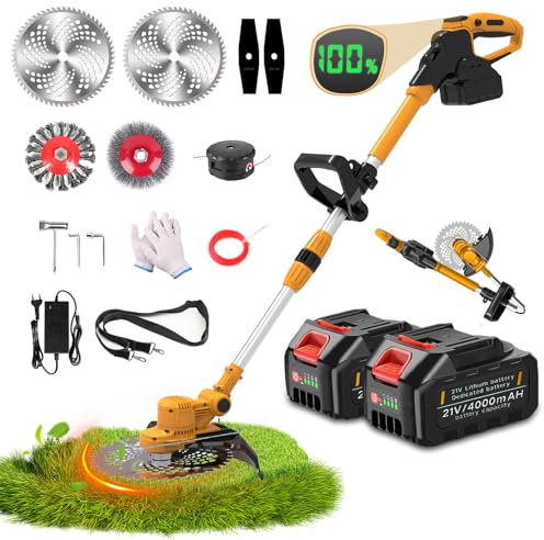 Tondeuse à gazon avec batterie et brosse à mauvaises herbes, batterie 5 en 1 pour batterie Makita, débroussailleuse à batterie avec batterie de 2 x 4,0 Ah, peut être plié, débroussailleuse électrique