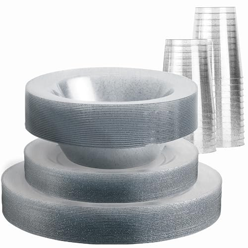 MATANA 210 Piece Set, Premium Clear Hard Plastic Bowls, Plates & Cups with Silver Glitter - Sturdy & Reusable for Weddings, Parties - 50 360ml Bowls, 50 19cm Plates, 50 25cm Plates & 60 285ml Cups