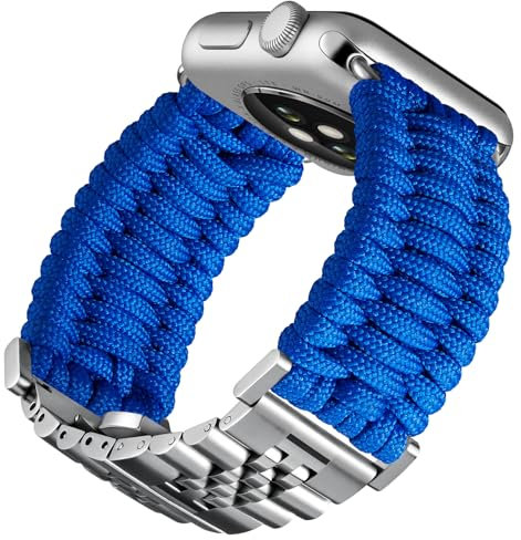 BINLUN Kompatibel mit Apple Watch Armband 42mm 41mm 40mm 38mm Geflochten 550 Paracord Stahl Sport Armbänder Kompatibel mit iWatch Series 10/9/8/7/SE2/SE/6/5/4/3/2/1 Herren Damen(Blau-Silber)