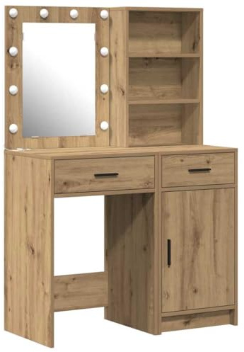 vidaXL Schminktisch Set mit Regal 2 pcs Artisan-Eiche 50 x 41 x 135 cm, Elegante Schlafzimmer-Einrichtung, rechteckiger Schminktisch, LED-Spiegel, moderner Frisiertisch, kompakte Stauraum-Lösung