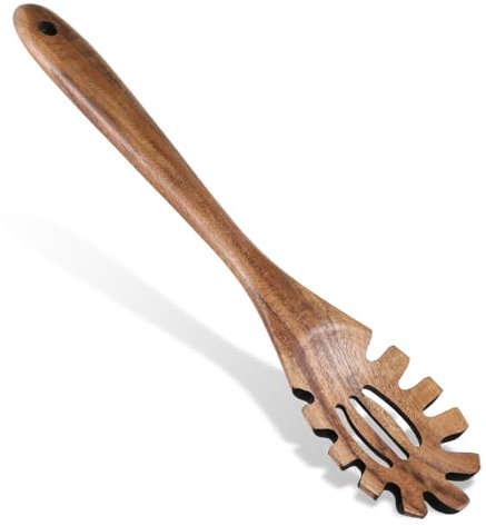 JIYIN Spaghettilöffe Holz, 32 Cm Nudellöffel Spaghetti Löffel mit Zähnen Spaghettizange Nudelkelle für Nudeln Spaghetti Kochen Backen Spülmaschinenfest