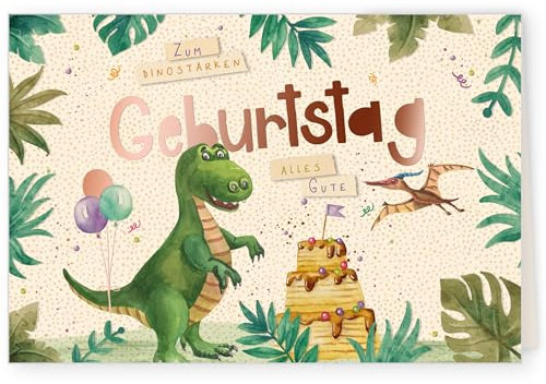 GreenLine Geburtstagskarte Dinosaurier | 1 Stück mit Umschlag | hochwertige Klappkarte aus 100% baumfreien Zuckerrohrpapier | Plastikfreie Verpackung | 11,5 x 17 cm | Kinderkarte
