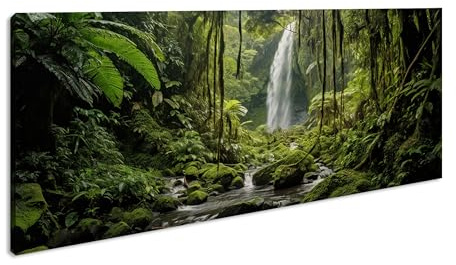 Verwunschener Urwald mit rauschendem Wasserfall im Licht Panorama 120x60cm XXL Kunstdruck Motiv auf Holzrahmen/Leinwandbild/Wandbild/Wohnzimmer Dekoration