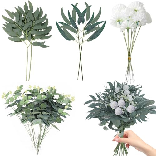BDHYYM 24 Pezzi Eucalipto Artificiale Rami Artificiali Piante Decorative Piante Artificiali Foglie Verdi Ortensie Bouquet di Fiori Artificiali Come Veri Foglie Finte per La Casa, Feste di Nozze