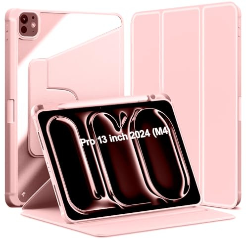 World biz Custodia rotante per iPad Pro 13 2024 M4 A2925 A2926 A3007 con portapenne, rotazione a 360 gradi, custodia protettiva a tre pieghe con supporto posteriore, accensione e spegnimento