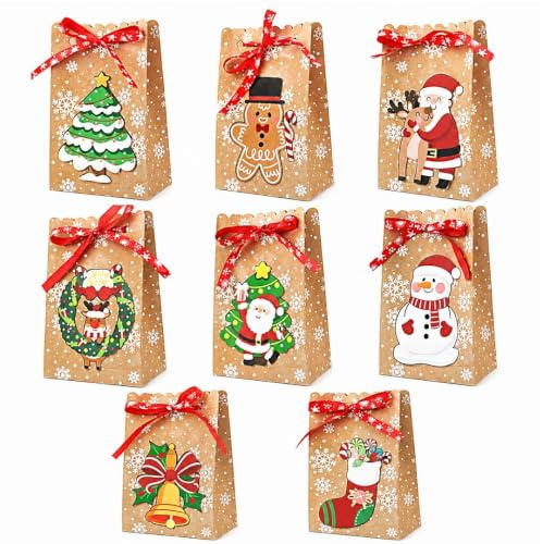Kapulina Geschenktüten Weihnachten 8er Set – 8 festliche Motive | 8 Papiertüten mit Schleife und 8 Weihnachtsmotiven für Geschenke, Nikolaus und Adventskalender
